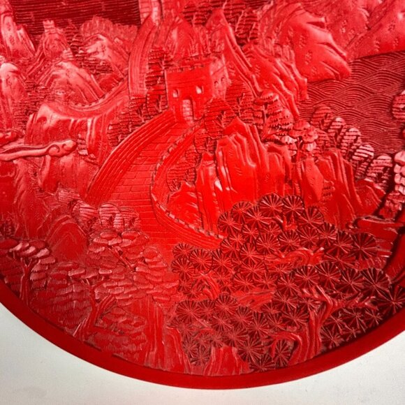 Vintage Chinese Red Cinnabar Hand Carved Wood Plate Landscape 10" - Picture 5 of 10